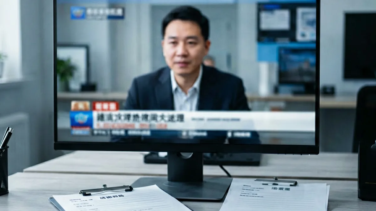 电脑屏幕上播放一段新闻视频片段，旁边放着版权申诉表单，体现黑料正能量对视频来源合规处理的操作流程