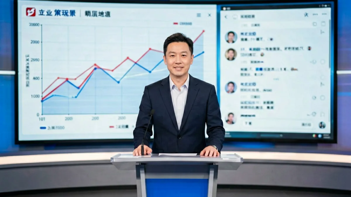 黑料正能量视频精选：主持人在演播台前讲解某平台数据造假案例，背后屏幕展示折线图与截图证据