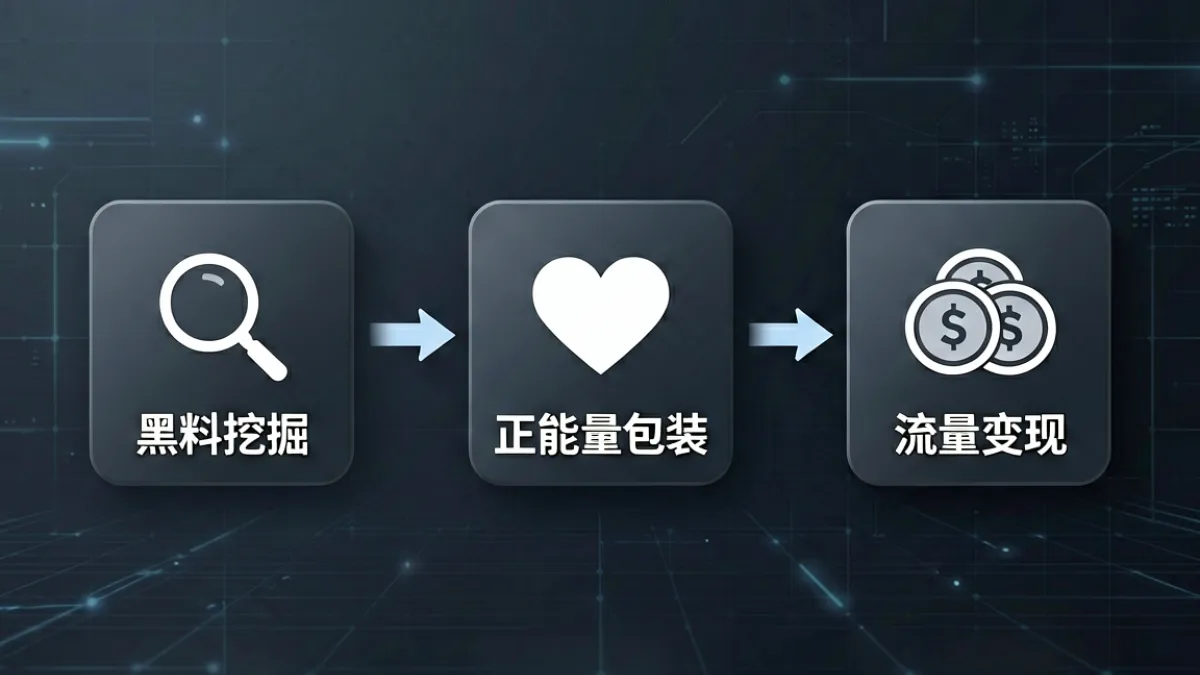 黑料正能量内容产业链示意图，展示从黑料挖掘到正能量包装再到流量变现的完整操控路径