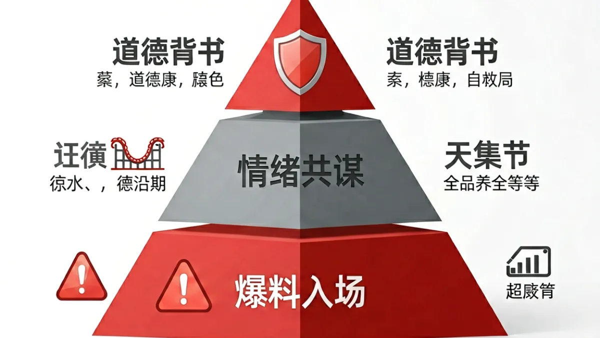 黑料正能量内容话术三层结构拆解示意，从爆料入场到情绪共谋再到道德背书的完整逻辑图示