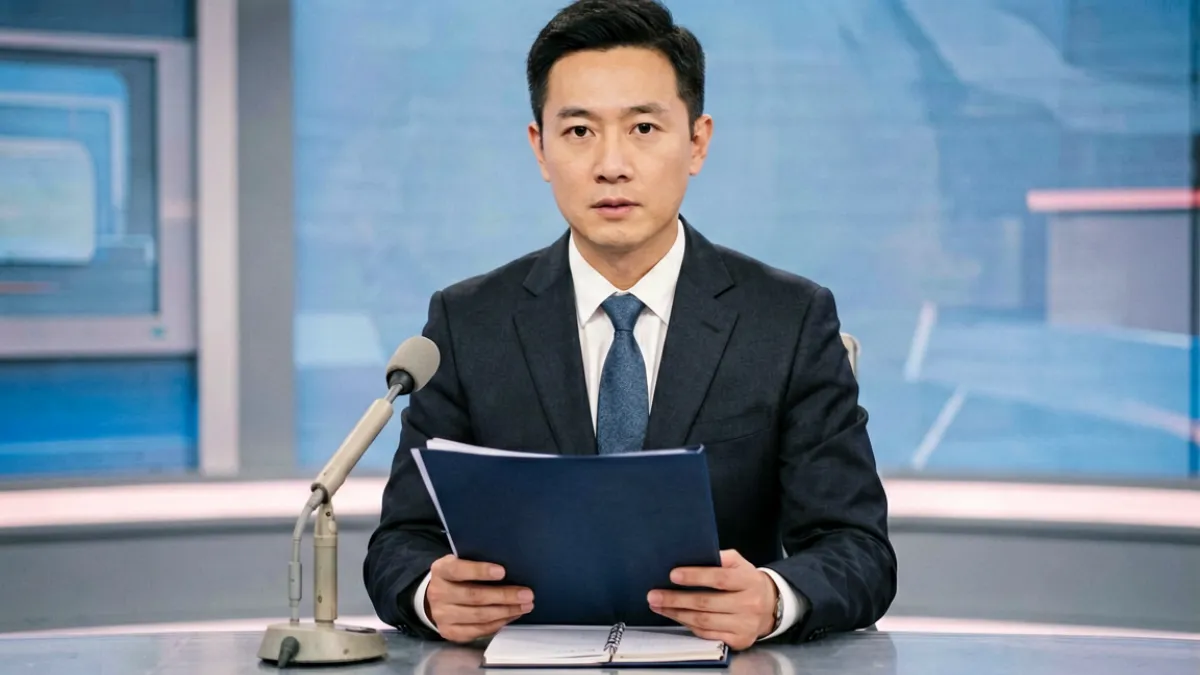 黑料正能量视频精选封面：主持人在演播厅内手持文件揭露幕后内情的画面